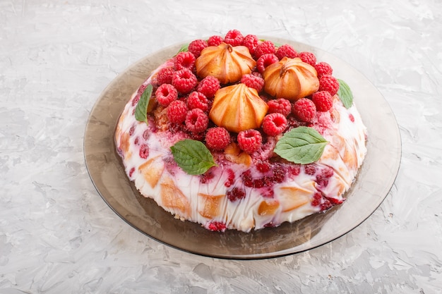 Gâteau fait maison avec du lait, des biscuits et des framboises. vue de côté.