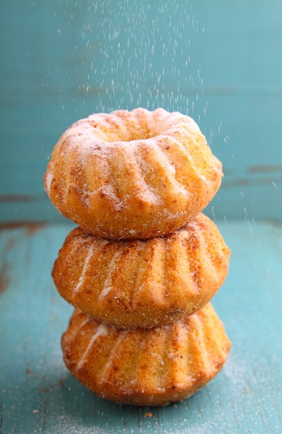 Gâteau fait maison avec du sucre en poudre sur la lame pour le gâteau