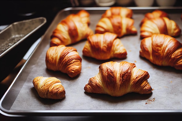 Gâteau fait maison faisant un croissant sur une plaque à pâtisserie au four