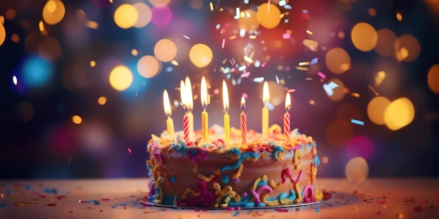 Gâteau de faits saillants en toile de fond de fête floue