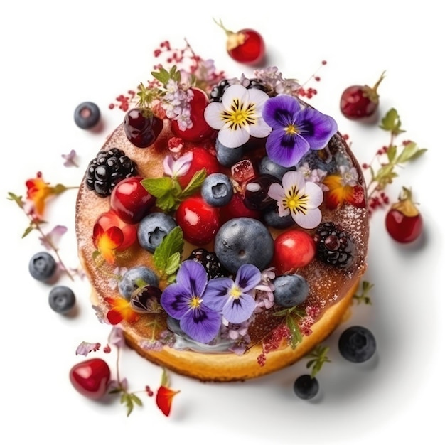 Gâteau de fête avec baies et fleurs sur ai générative blanche