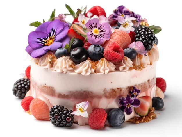 Gâteau de fête avec baies et fleurs sur ai générative blanche