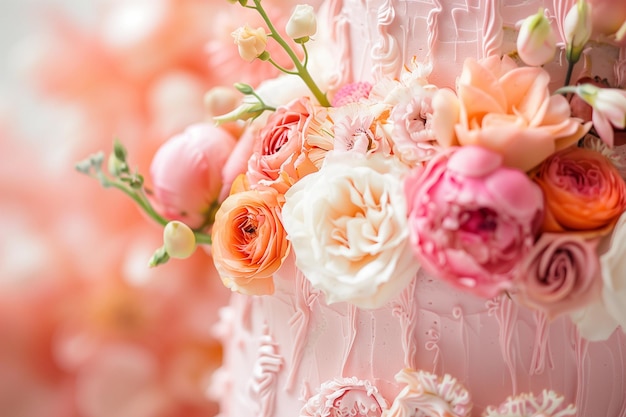 gâteau de fête de couleur pêche avec décoration florale