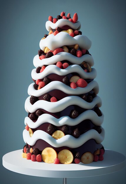 Gâteau de fête fantaisie décoré de baies de crème fouettée et de glaçage, illustration numérique