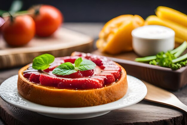 un gâteau avec des feuilles de menthe s'assoit sur une assiette avec un citron et du persil.