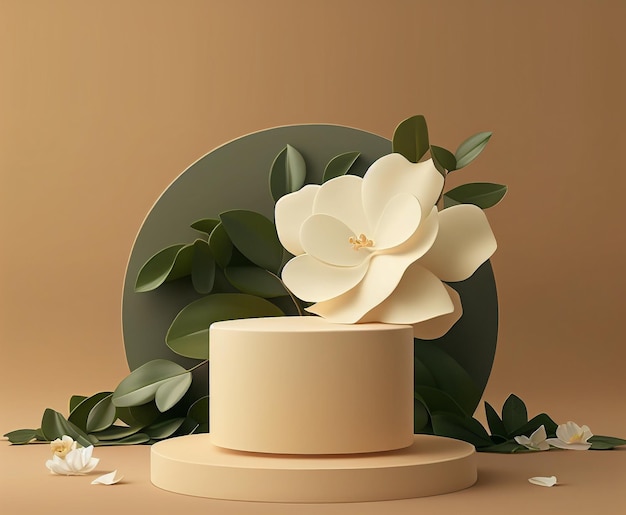 Un gâteau avec une fleur dessus et une assiette avec une assiette avec une assiette avec un magnolia blanc dessus.