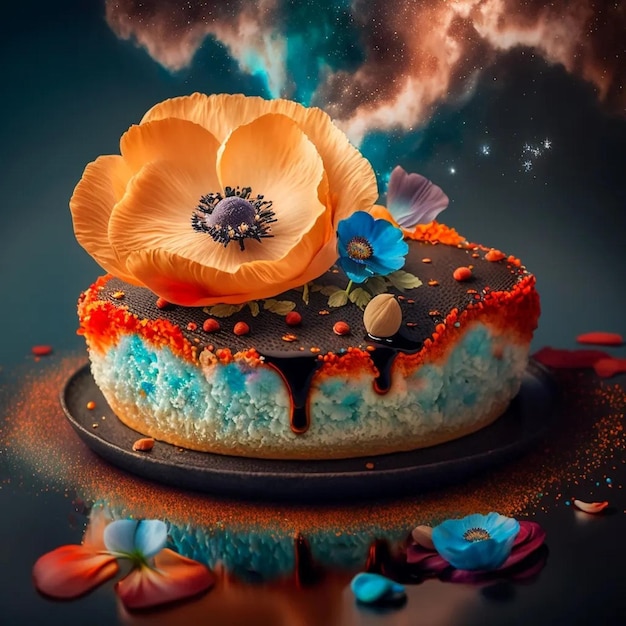 Photo un gâteau avec une fleur dessus et une fleur dessus.