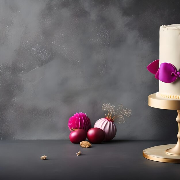 un gâteau avec une fleur dessus et un gorge avec un gâteau dessus