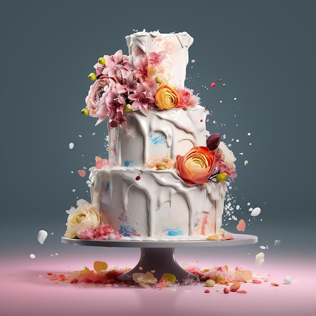 Un gâteau avec des fleurs blanches et roses et le mot amour dessus