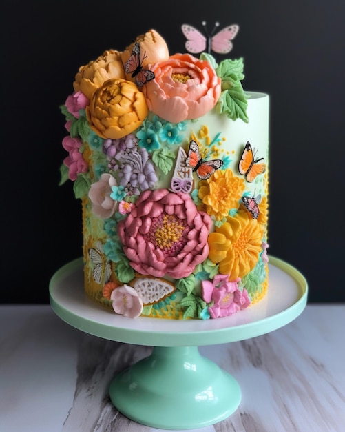 Un gâteau avec des fleurs dessus et un fond noir