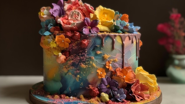 Un gâteau avec des fleurs dessus.