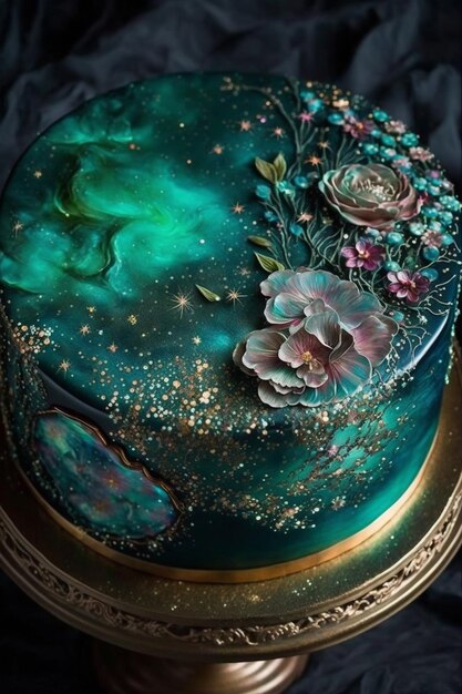 Un gâteau avec des fleurs et des étoiles