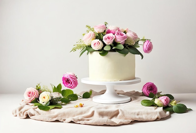 Un gâteau avec des fleurs roses et roses sur une table.