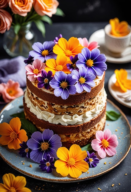 un gâteau avec des fleurs violettes et orange sur une assiette avec une fleur violette dessus