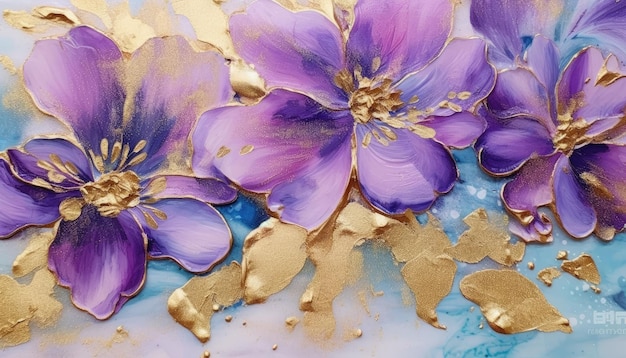 Un gâteau avec des fleurs violettes et de la peinture dorée