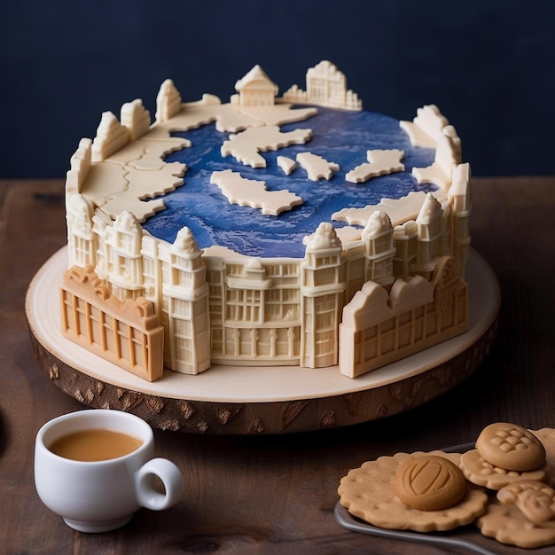 Un gâteau avec un fond bleu et une tasse de café sur la table.