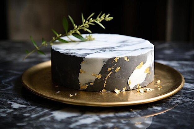 Un gâteau de fondant de marbre sophistiqué avec des accents de feuilles d'argent