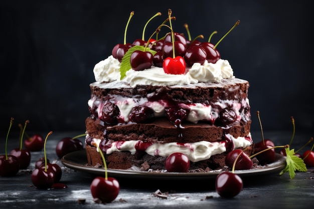 Gâteau de la forêt noire connu sous le nom de tarte Schwarzwald avec de la crème fouettée au chocolat noir et des cerises sur un co gris