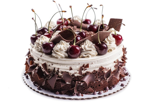 Gâteau de forêt noire décoré de crème fouettée et de cerises isolé sur fond blanc