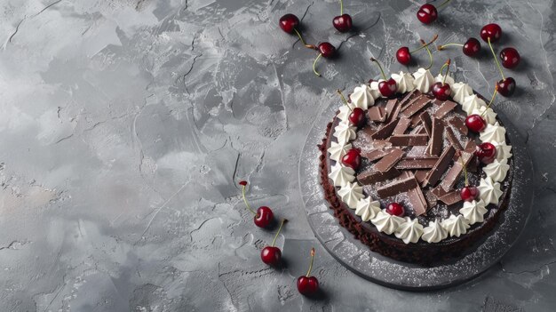 Photo gâteau de la forêt noire nue, tarte schwarzwald, gâteau avec de la crème fouettée au chocolat noir et des cerises sur un fond en béton gris.