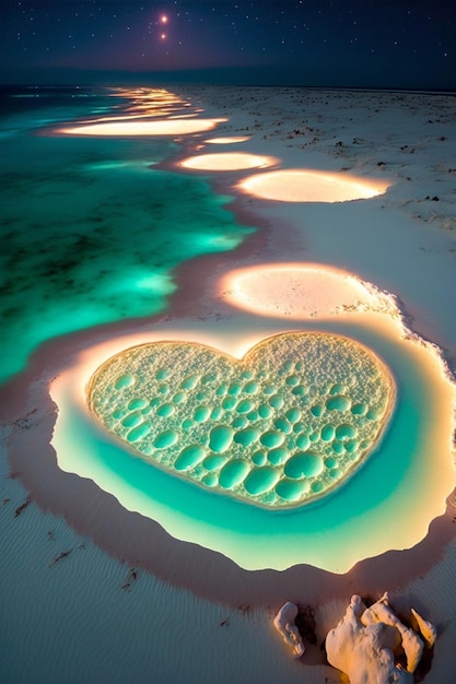 Gâteau en forme de coeur assis au sommet d'une plage de sable Generative Ai