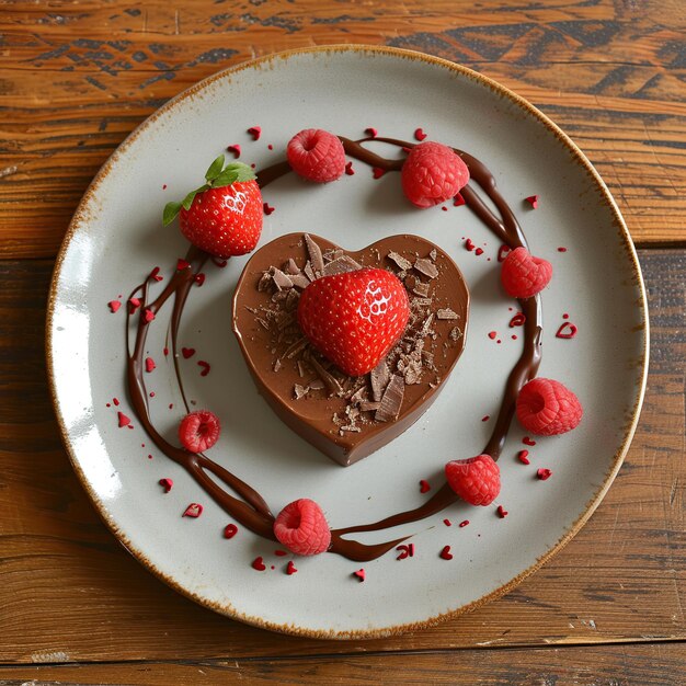 Un gâteau en forme de cœur au chocolat avec des framboises sur une assiette