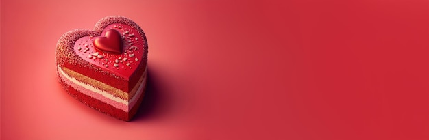Gâteau en forme de coeur dessert avec paillettes Saint Valentin amour Bannière avec espace de copie pour la publicité textuelle Conception de carte de voeux de carte postale Couleur rouge AI générative