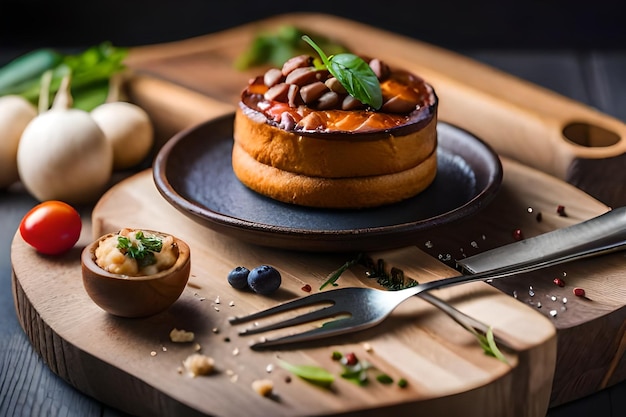 un gâteau avec une fourchette et un couteau sur une planche à couper