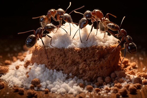 un gâteau avec des fourmis dessus et un gâteau with a number of ants dessus
