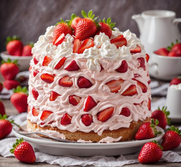 Gâteau à la fraise avec de la crème fouettée et des fraises fraîches