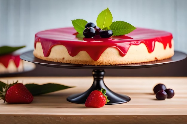 Un gâteau avec une fraise dessus et une fraise en haut.