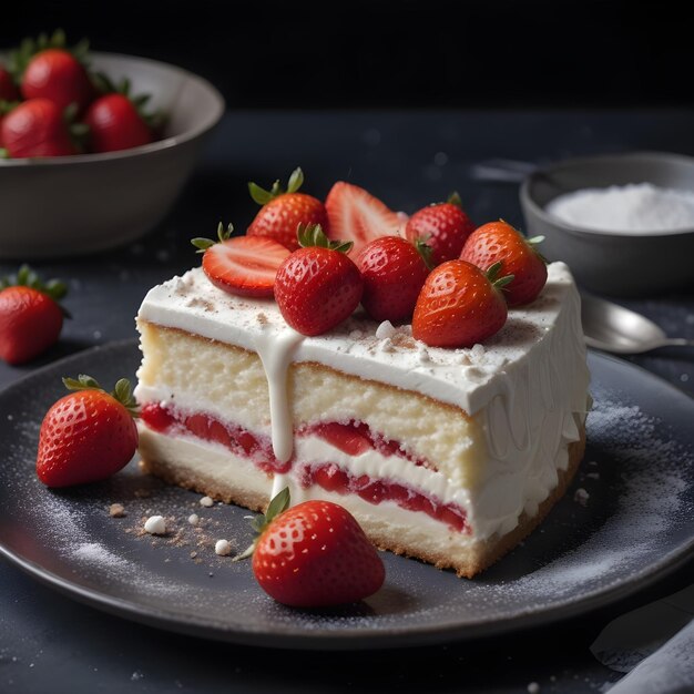 Photo un gâteau avec des fraises et de la crème sur une assiette avec une cuillère