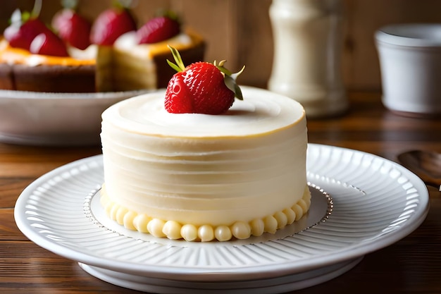 Un gâteau avec des fraises sur le dessus est posé sur une assiette.