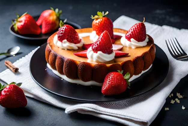 Un gâteau avec des fraises dessus