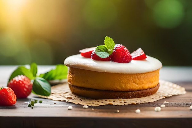 un gâteau avec des fraises sur le dessus