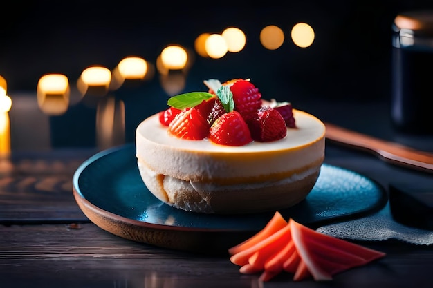 un gâteau avec des fraises et un gâteau sur une assiette avec des bougies en arrière-plan