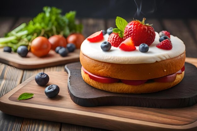 Un gâteau avec des fraises et des myrtilles dessus