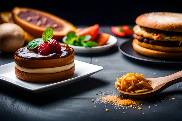 un gâteau avec des fraises et un pain avec une fraise dessus