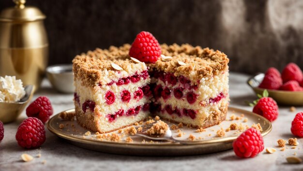 Un gâteau à la framboise avec une croûte dorée et une garniture de framboise.