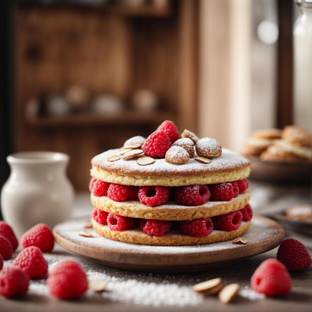 Photo un gâteau de framboise fraîchement cuit orné de délicates tranches d'amande et de sucre en poudre