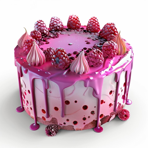 un gâteau avec des framboises et des cerises dessus