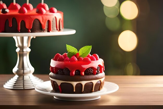 Un gâteau avec des framboises et du chocolat sur une assiette avec un stand de gâteau devant.