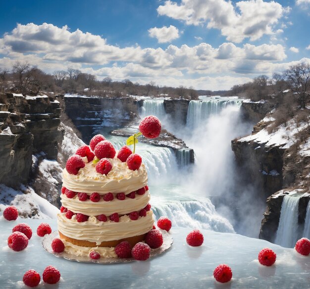 Un gâteau avec des framboises sur le fond d'une cascade