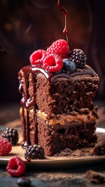 un gâteau avec des framboises et des framboises dessus