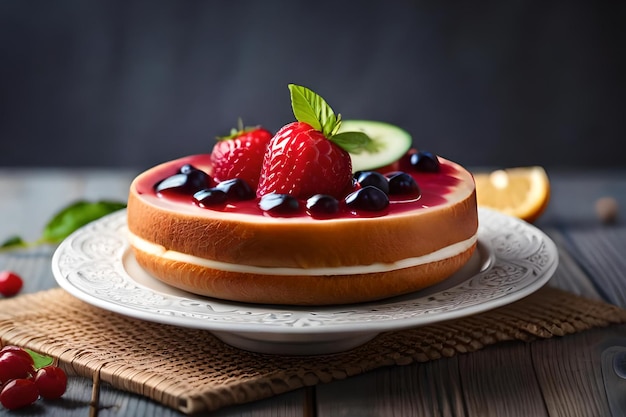 Un gâteau avec des framboises et des myrtilles sur le dessus