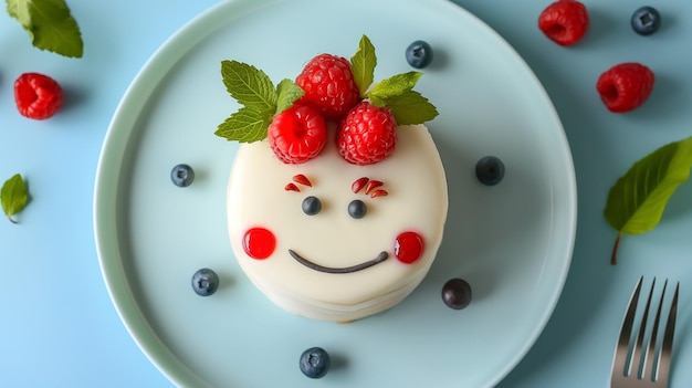 Un gâteau avec des framboises et un smiley.