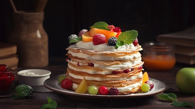 Un gâteau avec des fruits dessus et une assiette avec une tasse de thé à côté.