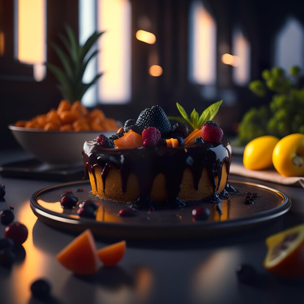 Un gâteau avec des fruits dessus et un bol de fruits sur la table.