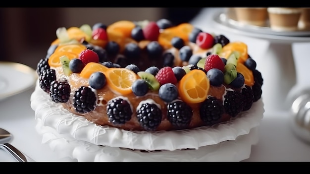 Un gâteau avec des fruits dessus et un gâteau dans l'assiette