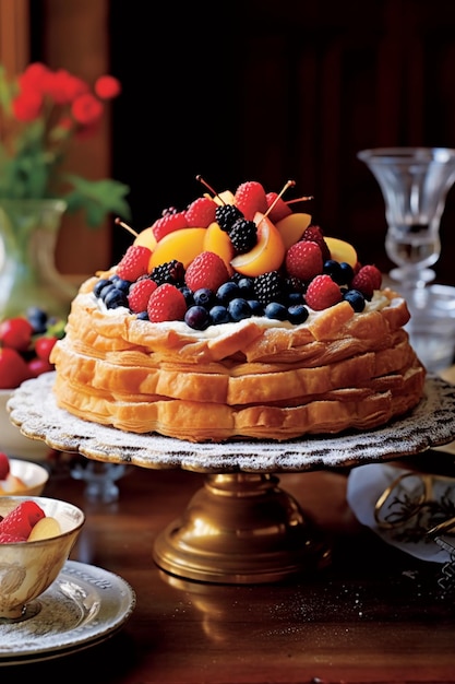 un gâteau avec des fruits dessus sur une table